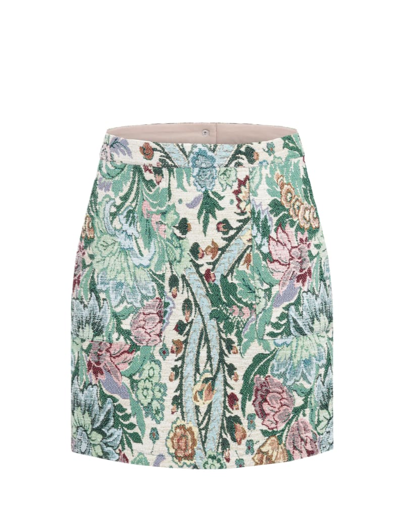 Front of a size 4X Jacquard Floral Mini Skirt in Green by Hilary MacMillan. | dia_product_style_image_id:316490